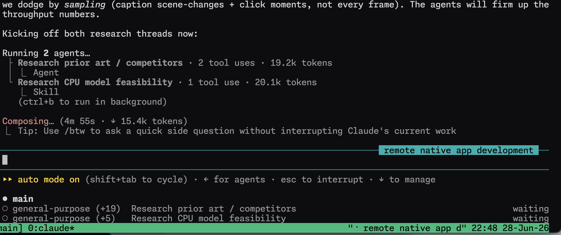 A single Claude session running two background agents, each spawning workers