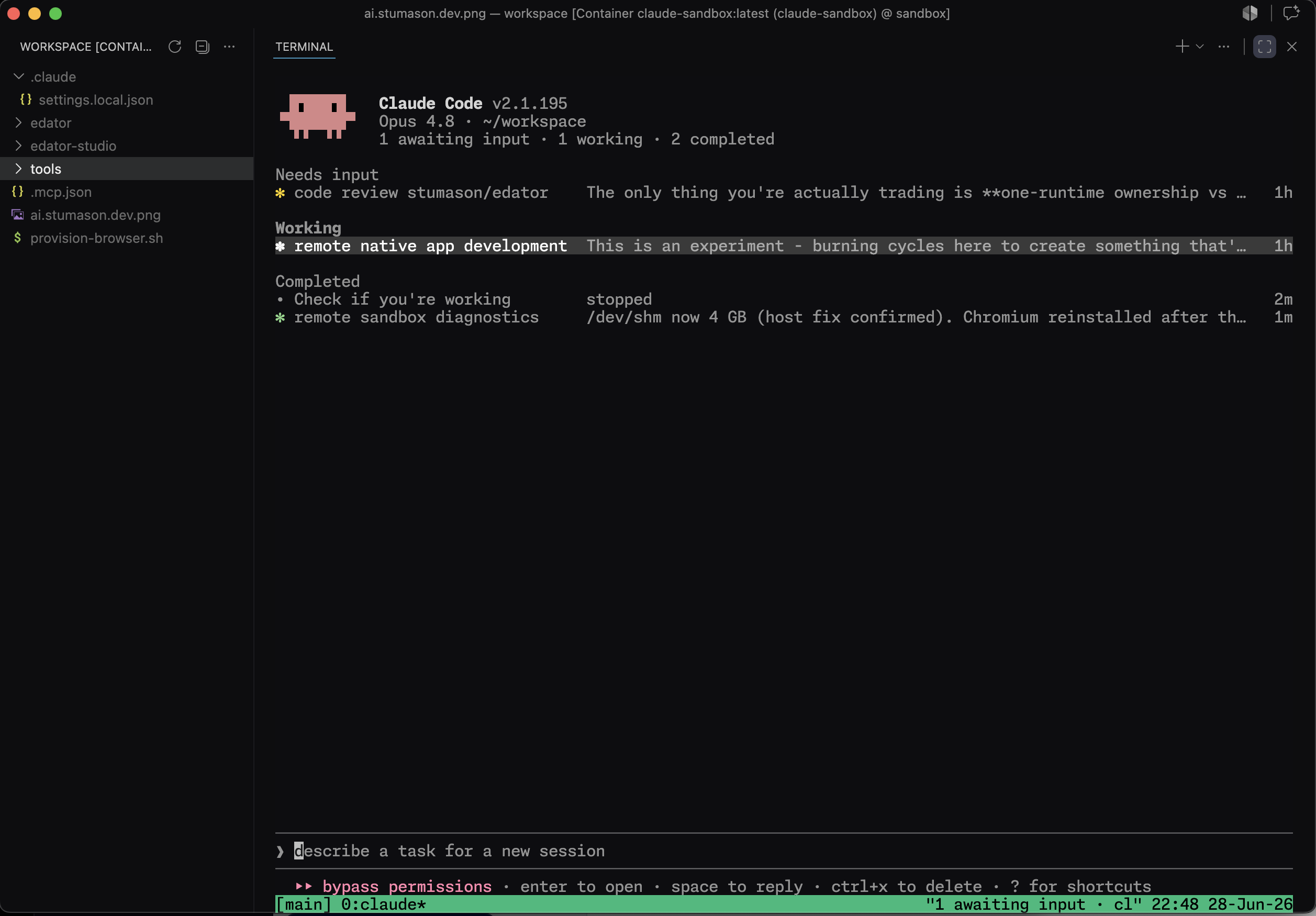 Claude Code agent fleet view inside VS Code, attached to the remote container